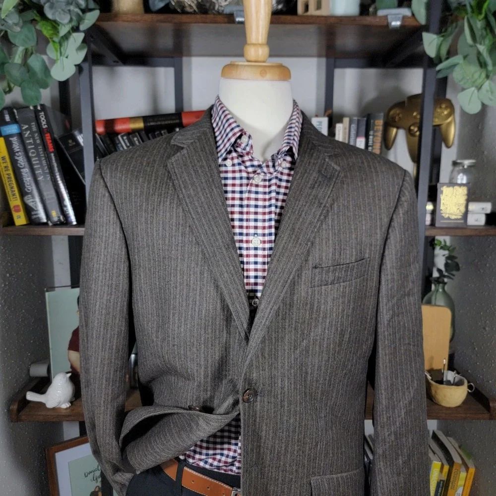 VTG Calvin Klein Mens Flannel Sport Coat Blazer Two Button Brown Striped Wool XL